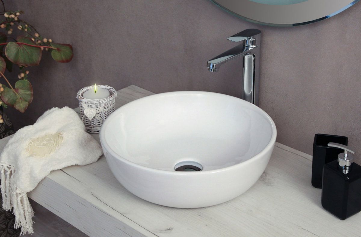 ML-Design Lavabo in Ceramica Bianca Lucida Ø 28 x 11,6 cm Ciotola Lavandino da Appoggio Rotondo Moderno Bacinella Lavamani per il Bagno e Toilette Lavello con Scarico Standard 