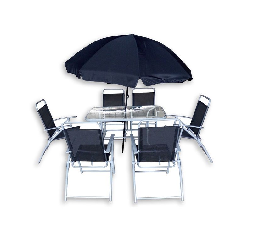 Arredo da esterno jane con tavolo in vetro 6 sedie con braccioli e ombrellone   