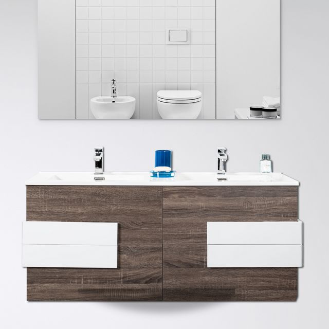 Mobile Bagno Doppio Lavabo 120 Cm.Mobile Bagno Energy 120 Cm Marrone Con Inserti Bianchi Doppio Lavabo Con Specchio