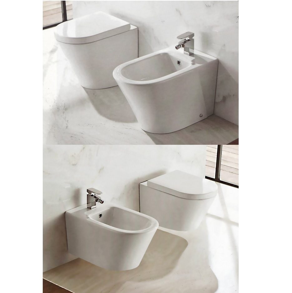 Arredo Bagno Sanitari Sospesi.Coppia Sanitari Galaxy Versione A Terra Vaso Con Bidet E Coprivaso Con Chiusura Ammortizzata Filo Muro