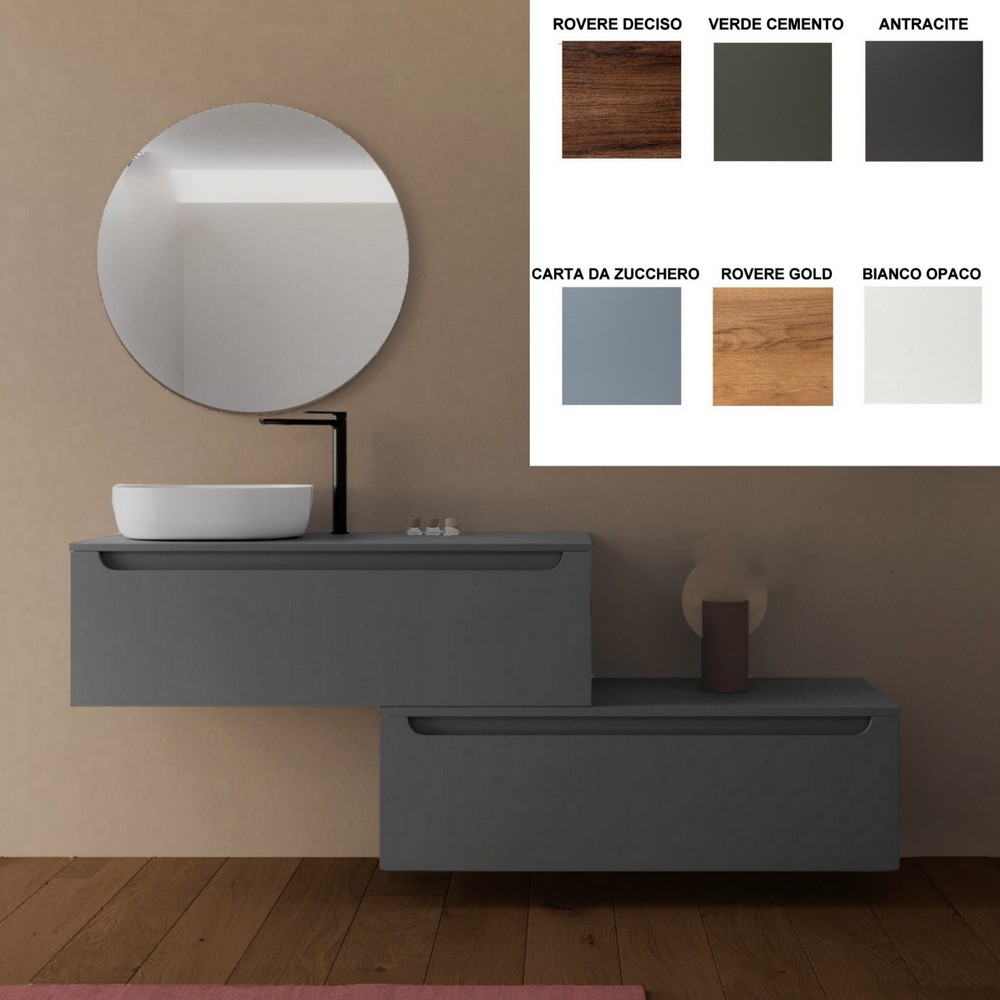 Mobile sospeso GARDA da 120 cm per lavabi da appoggio in 8 colori anche con cassettiera colonna e pensile abbinabile