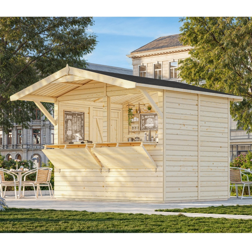 Chiosco in legno di abete 273x190 cm con porta e 2 ante a ribalta CS074