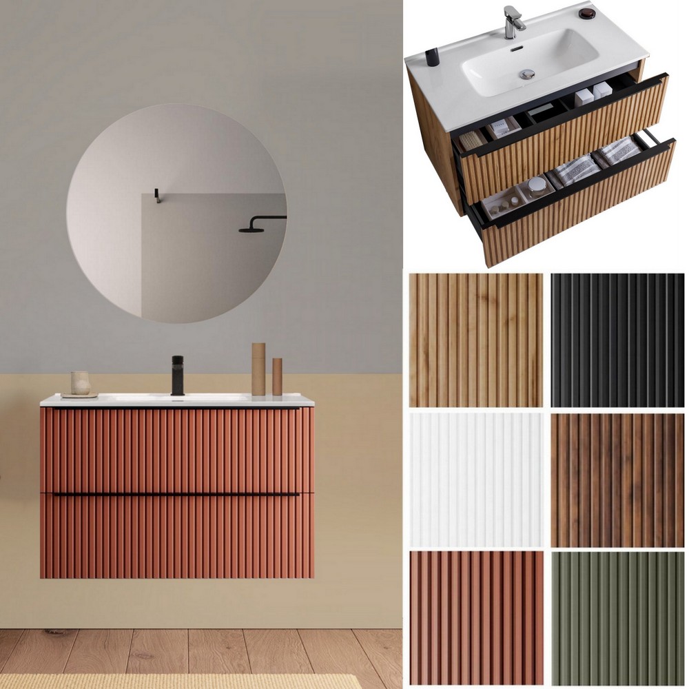 Mobile bagno Lion2 in 5 misure con 2 cassetti, lavabo e specchio 6 colori disponibili