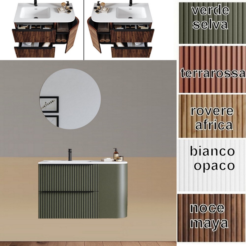 Mobile bagno Lion8 90 cm con angolo curvo 1 anta 2 cassetti e lavabo dx o sx