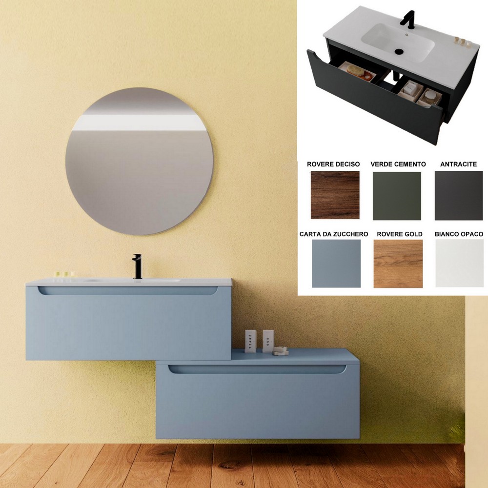 Mobile bagno Santiago2 90x46 cm con lavabo specchio e cassetto 6 colori disponibili e cassettiera laterale abbinabile