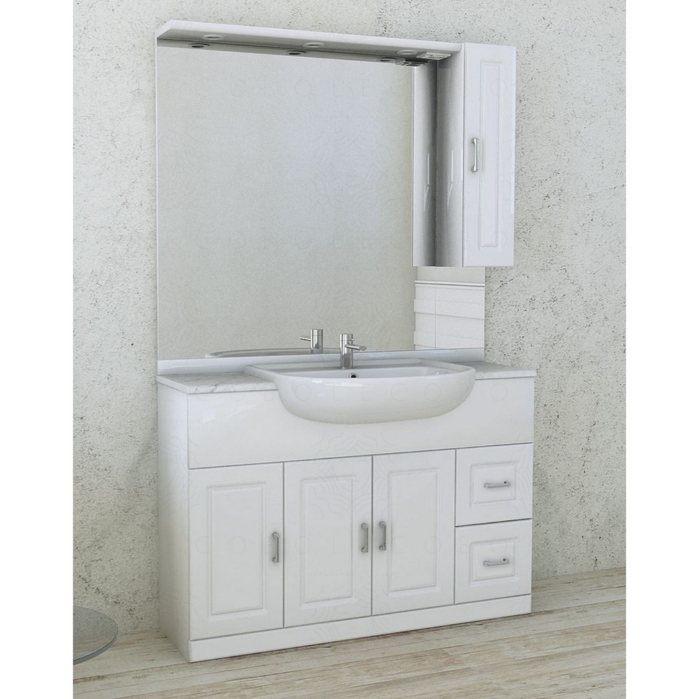 Mobile Bagno Cassandra 120 cm bianco lucido a terra con specchio lavabo e top in marmo