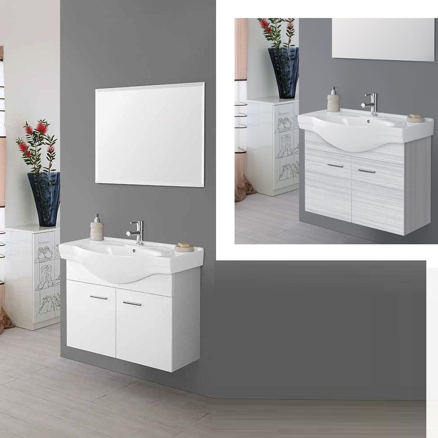 Mobile bagno Icaro cm 81 sospeso grigio o bianco lavabo in ceramica con specchio