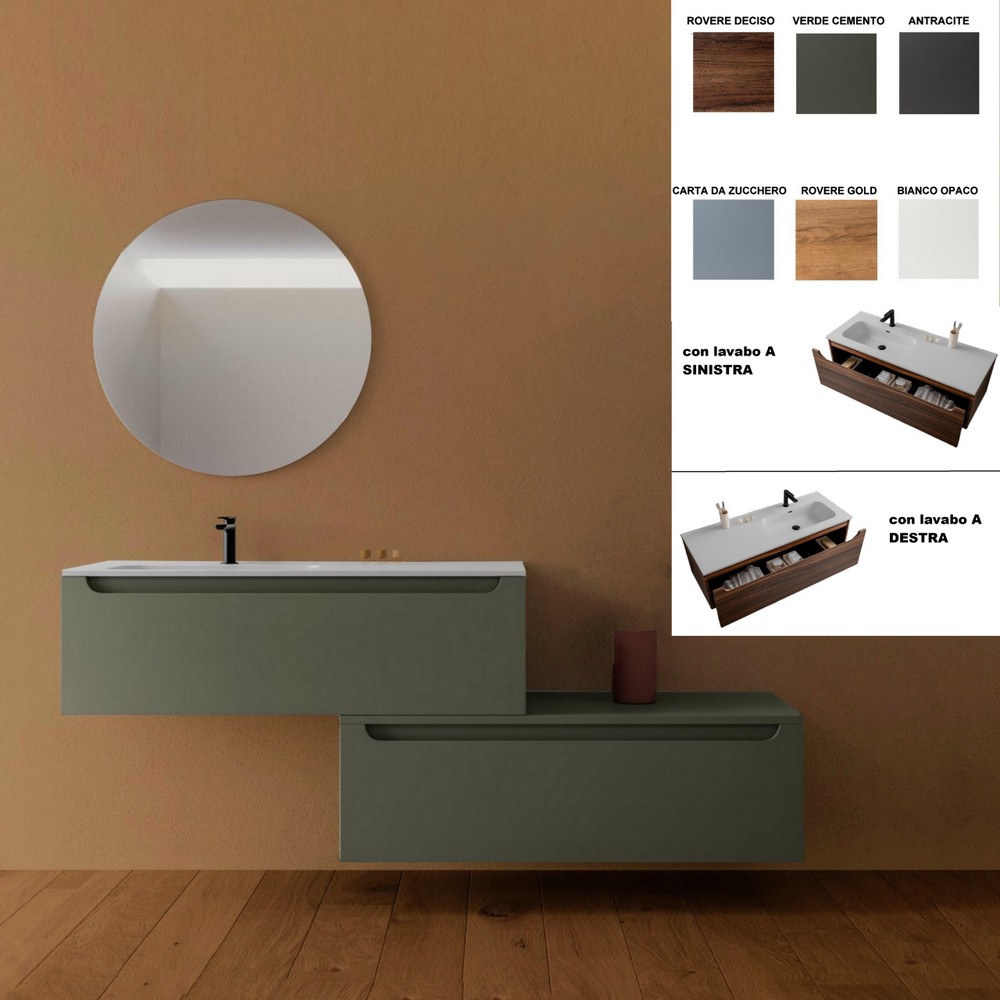 Mobile bagno GARDA2 lavabo incluso arredo sospeso da 120 cm in vari colori e cassettiera laterale opzionale
