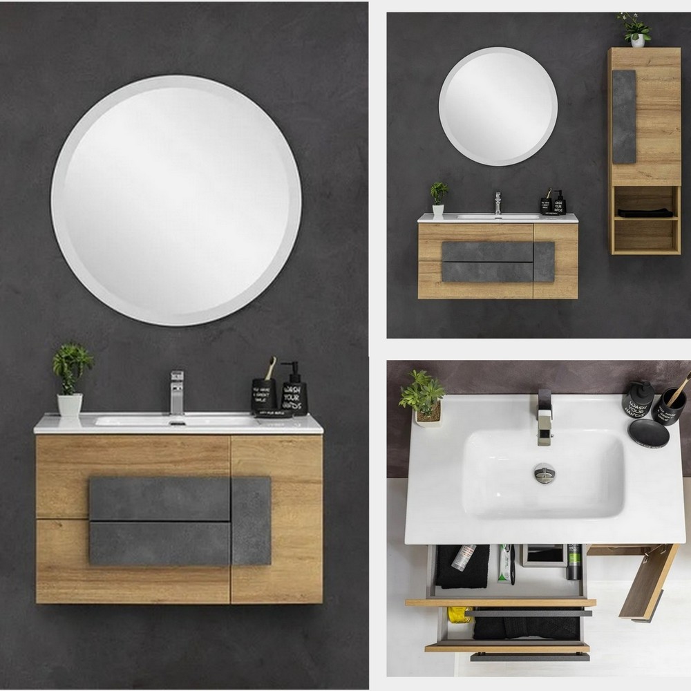 Mobile bagno sospeso Umbrian 80 o 100 cm cassetti e anta rovere con maniglia effetto pietra