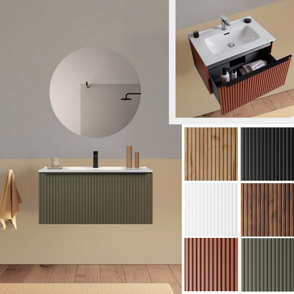 Mobile bagno Lion1 in 5 misure e 7 colori con lavabo, specchio e cassettone cannettato