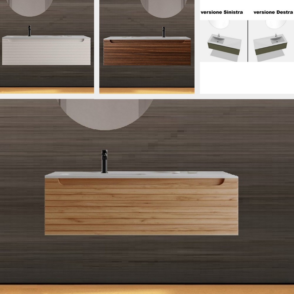 Mobile bagno Lucy sospeso cm 120 in 5 colori con lavabo decentrato e cassettone effetto cannettato