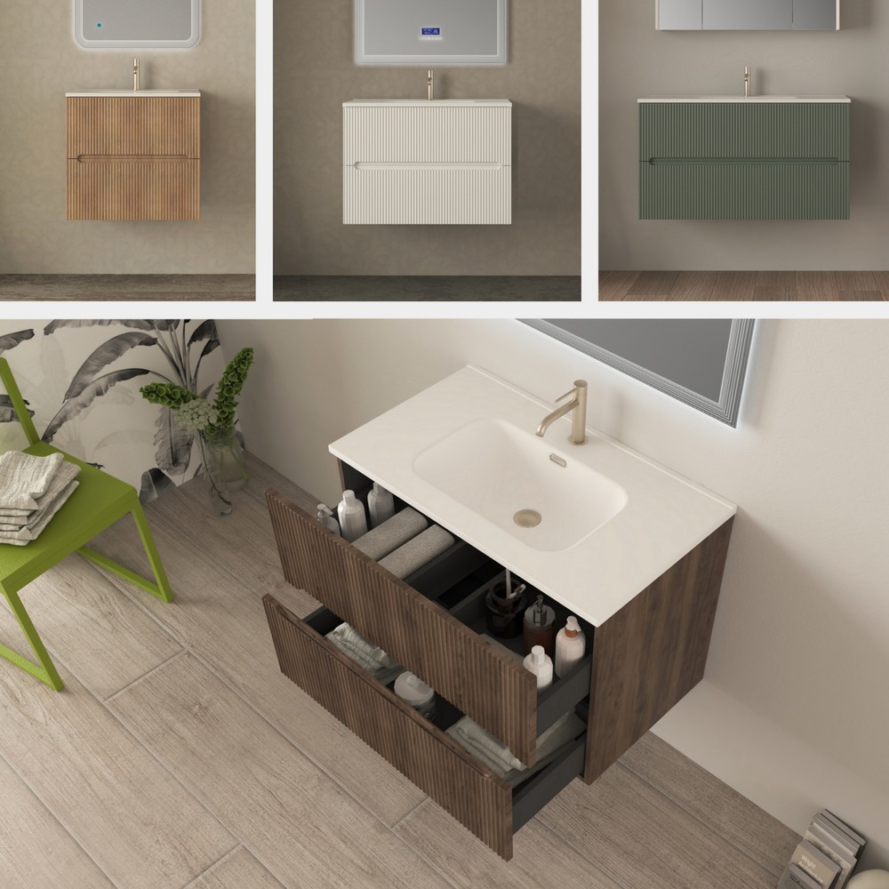 Mobile bagno sospeso Canova da 60, 80 o 100 cm in 4 colori e cassetti con effetto cannettato