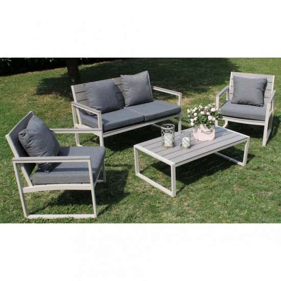 Salotto da esterno Kingstone divanetto con poltrone e tavolo arredo da giardino tortora