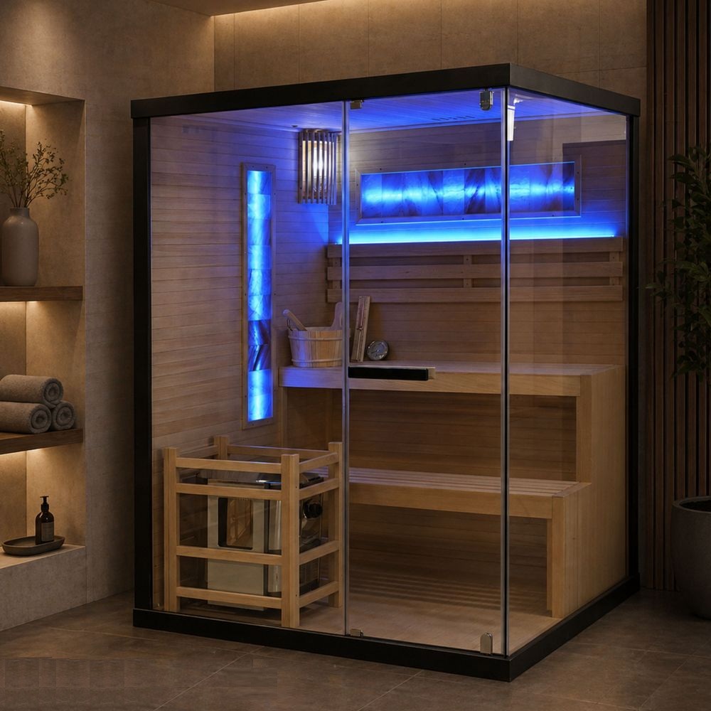 Sauna finlandese 150x140 cm 2-3 posti con stufa e pannelli in pietra di sale SN117