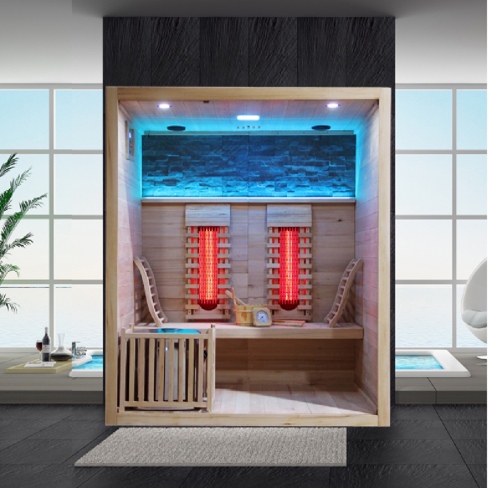 Sauna combinata finlandese-infrarossi 170x120 cm con bluetooth, stufa e irradianti full spectrum SN103