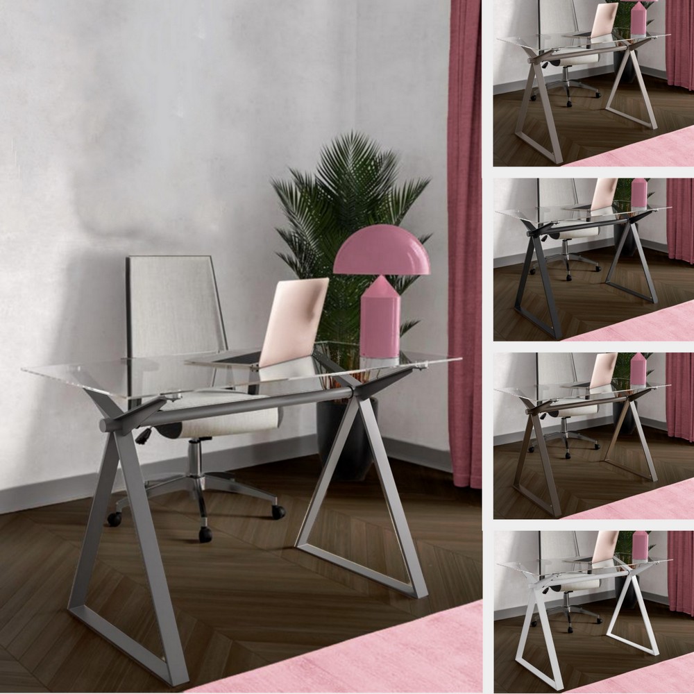 Scrivania con piano in vetro trasparente 120x60 gambe in acciaio 5 colori TL077