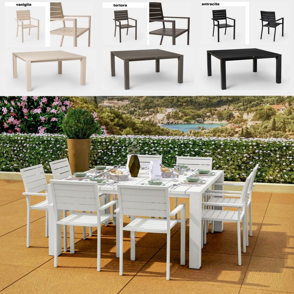 Set da esterno in 4 colori tavolo 160x160 cm e 8 sedie a doghe TL092