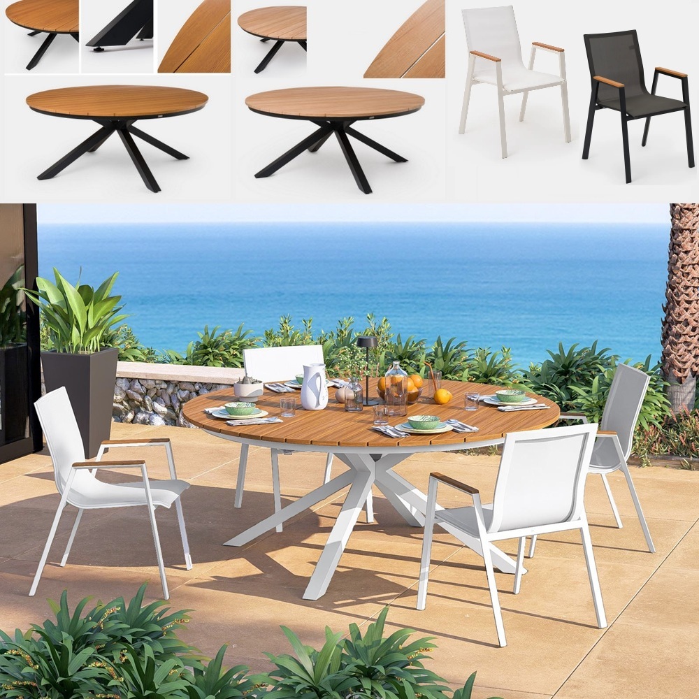 Tavolo da esterno rotondo 180 cm con top effetto legno e 4 sedie in textilene TL089
