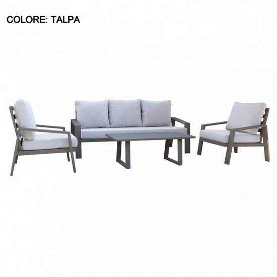 Set divano con poltrone e tavolo per esterno modello Ribes cuscini