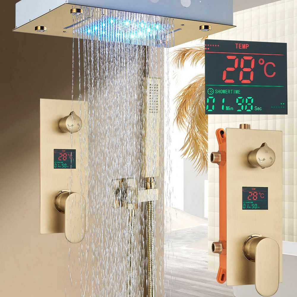 Kit per doccia in ottone oro soffione con luci Led e doccino RB182