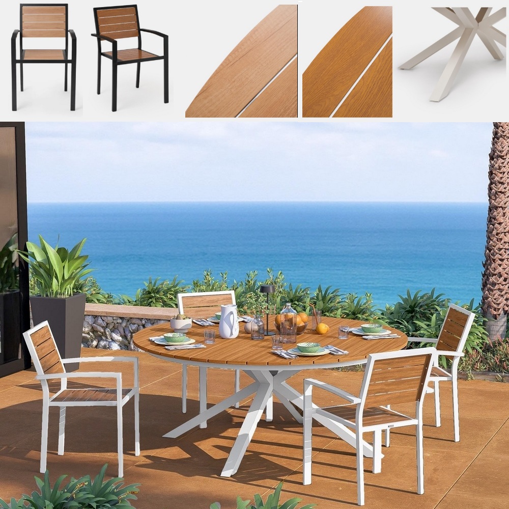 Tavolo rotondo da 120 o 140 cm e 4 sedie abbinate set da esterno effetto legno TL090