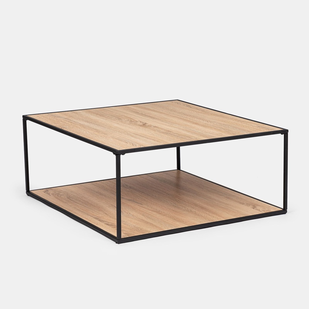 Tavolino quadrato da caffè 80x80 cm struttura metallo nero e piano in legno rovere BM156