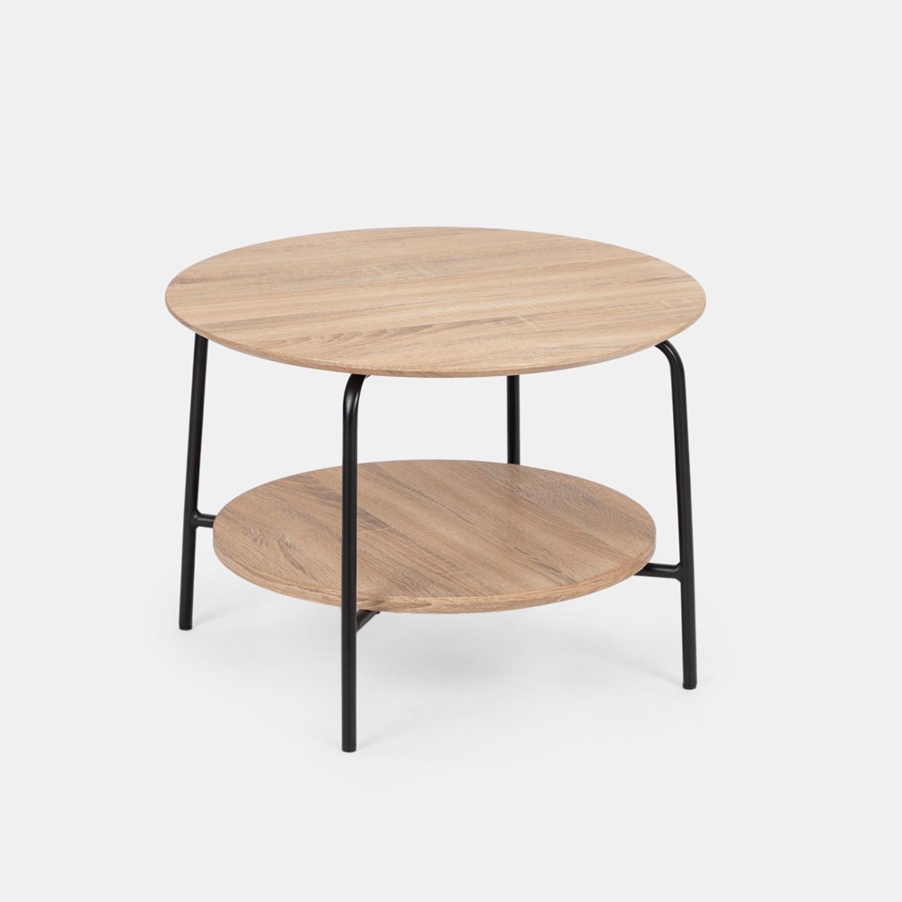 Tavolino da caffè rotondo da 60 cm struttura metallo nero e ripiani in legno BM155