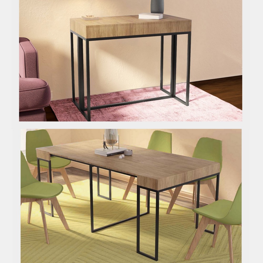 Tavolo-consolle estensibile da 50 a 185 cm con piano in legno e struttura in metallo nero TL064