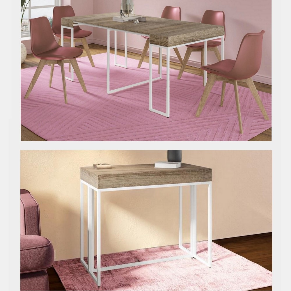 Tavolo-consolle con piano in legno e gambe in metallo bianco allungabile da 50 a 185 cm TL065