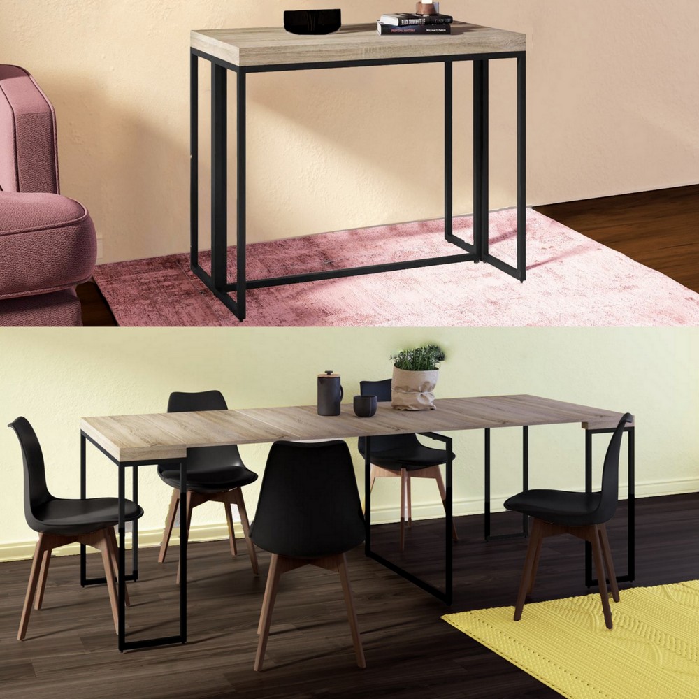 Tavolo-consolle in metallo nero e top in legno estensibile da 50 a 230 cm TL068