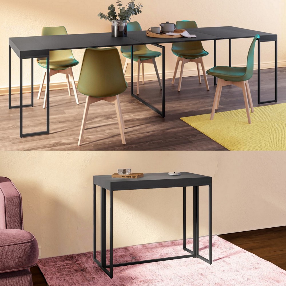 Tavolo-consolle antracite estensibile da 50 a 275 cm struttura in metallo e top in legno TL069
