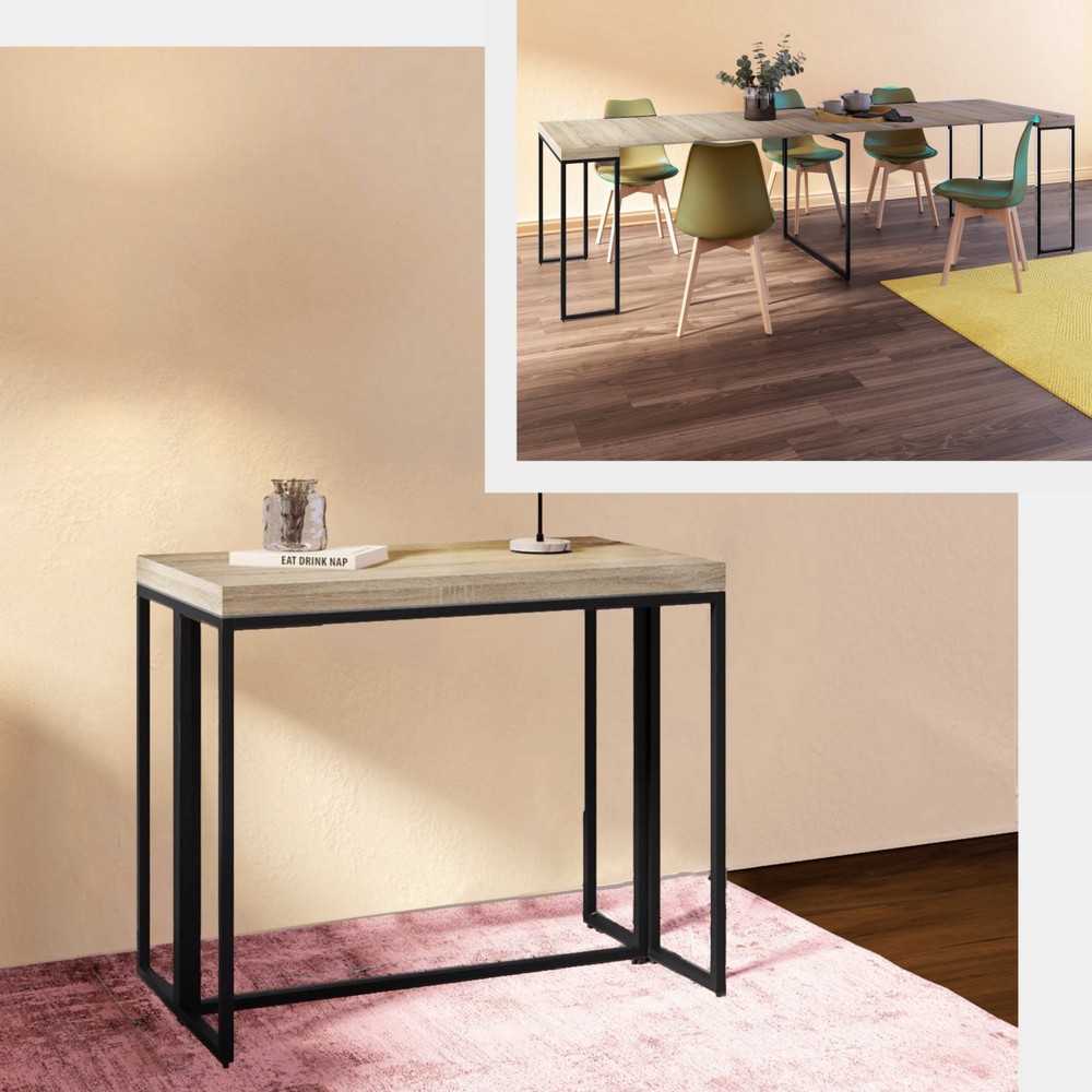 Tavolo-consolle estensibile da 50 a 275 cm struttura in metallo nero e piano in legno TL062