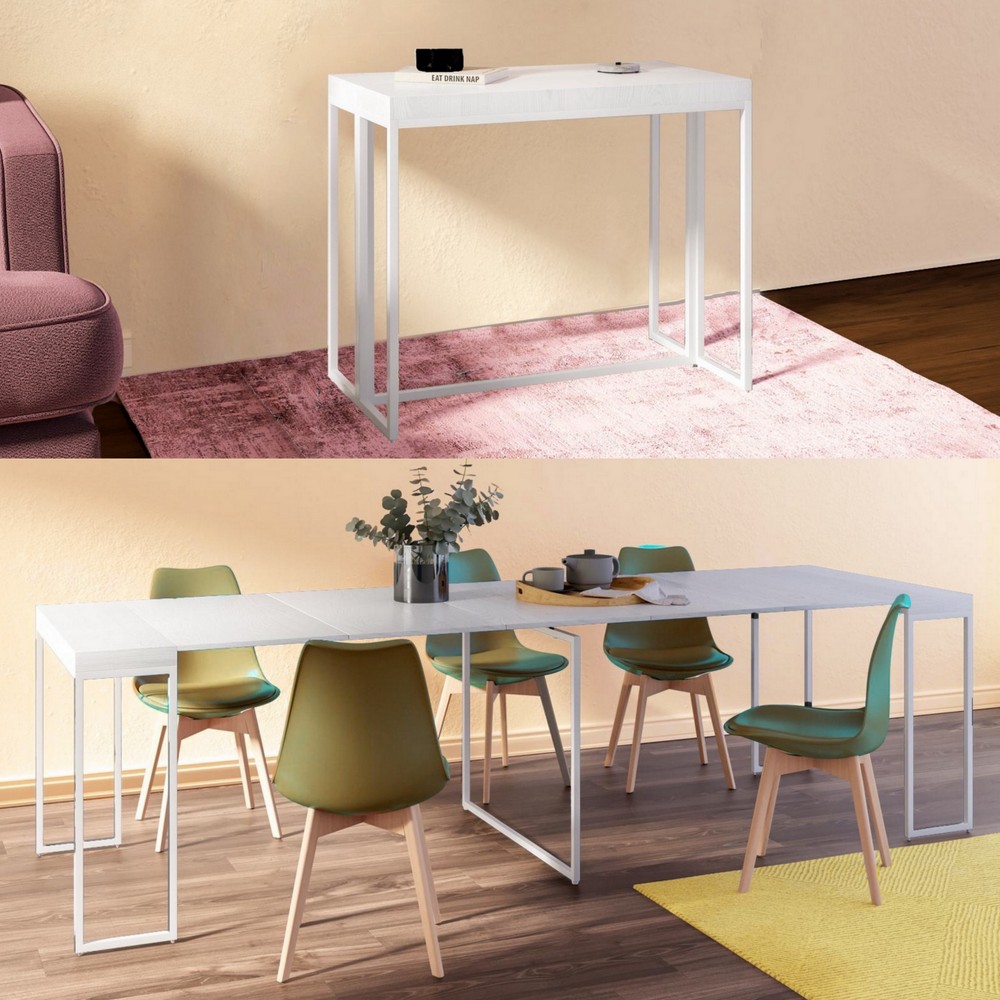 Tavolo-consolle bianco struttura in metallo e top in legno allungabile da 50 a 275 cm TL070
