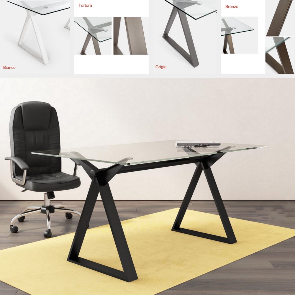 Tavolo scrivania con gambe in acciaio 5 colori top in vetro trasparente da 150 o 180 cm TL079
