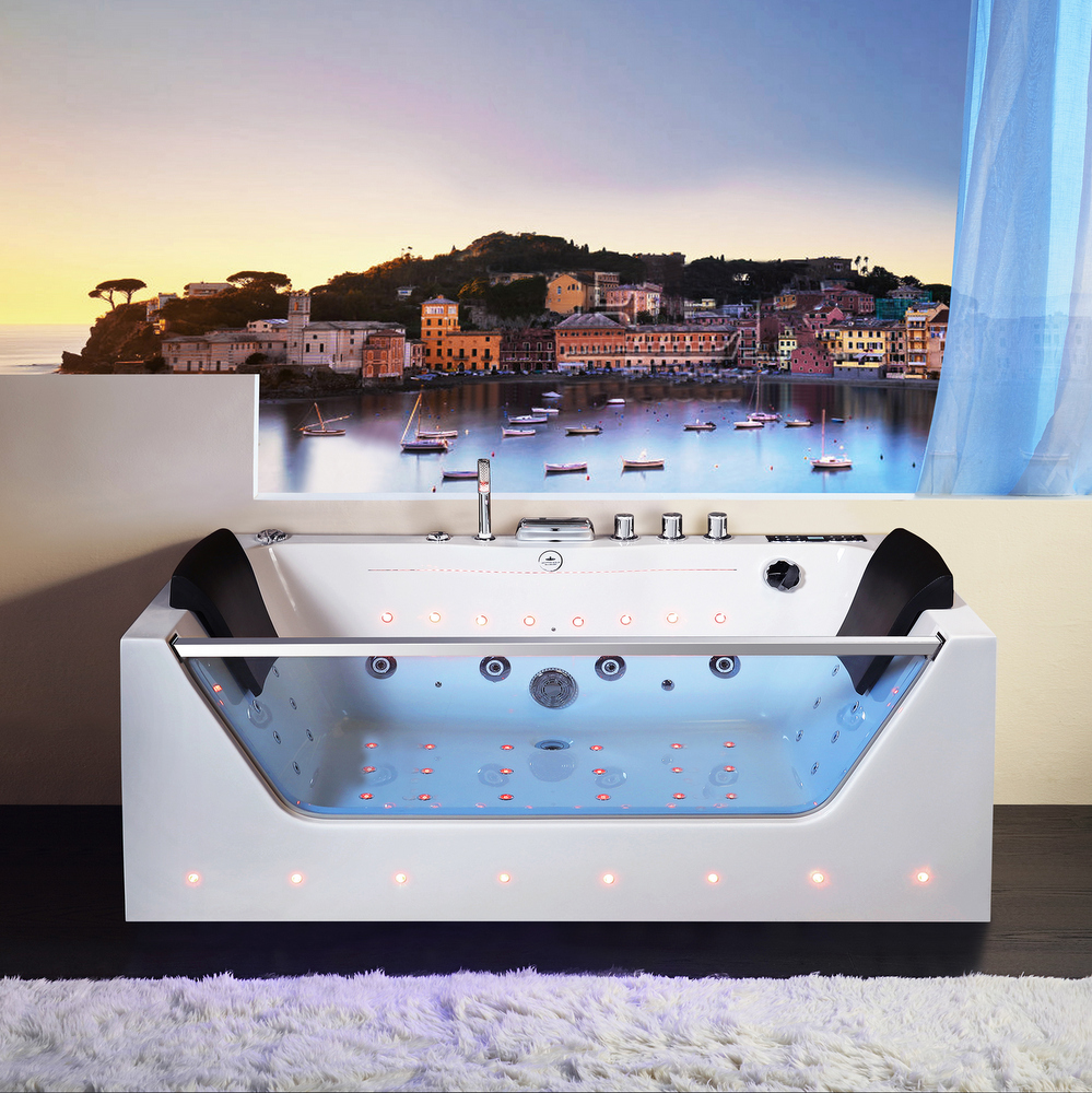 Vasca idromassaggio 170x80 cm con cascata intagliata Led, 36 getti ad aria e acqua, riscaldatore e bluetooth VS179