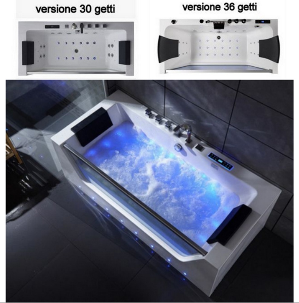 Vasca idromassaggio 170x80 cm 30 o 36 getti ad aria e acqua riscaldatore bluetooth e Led VS163