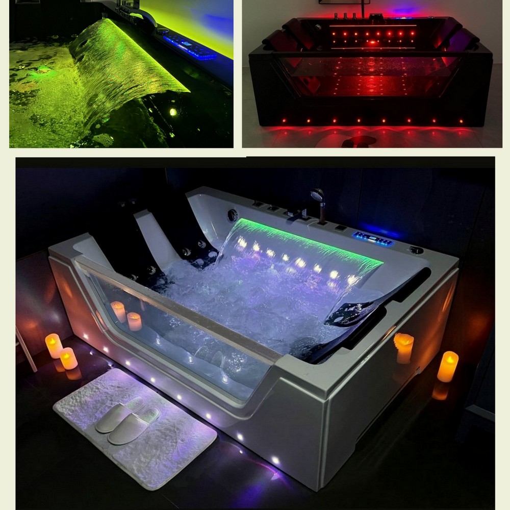 Vasca idromassaggio 4 posti 180x120 cm bianca o nera 50 getti con cascata intagliata Led doppia pompa e bluetooth VS152