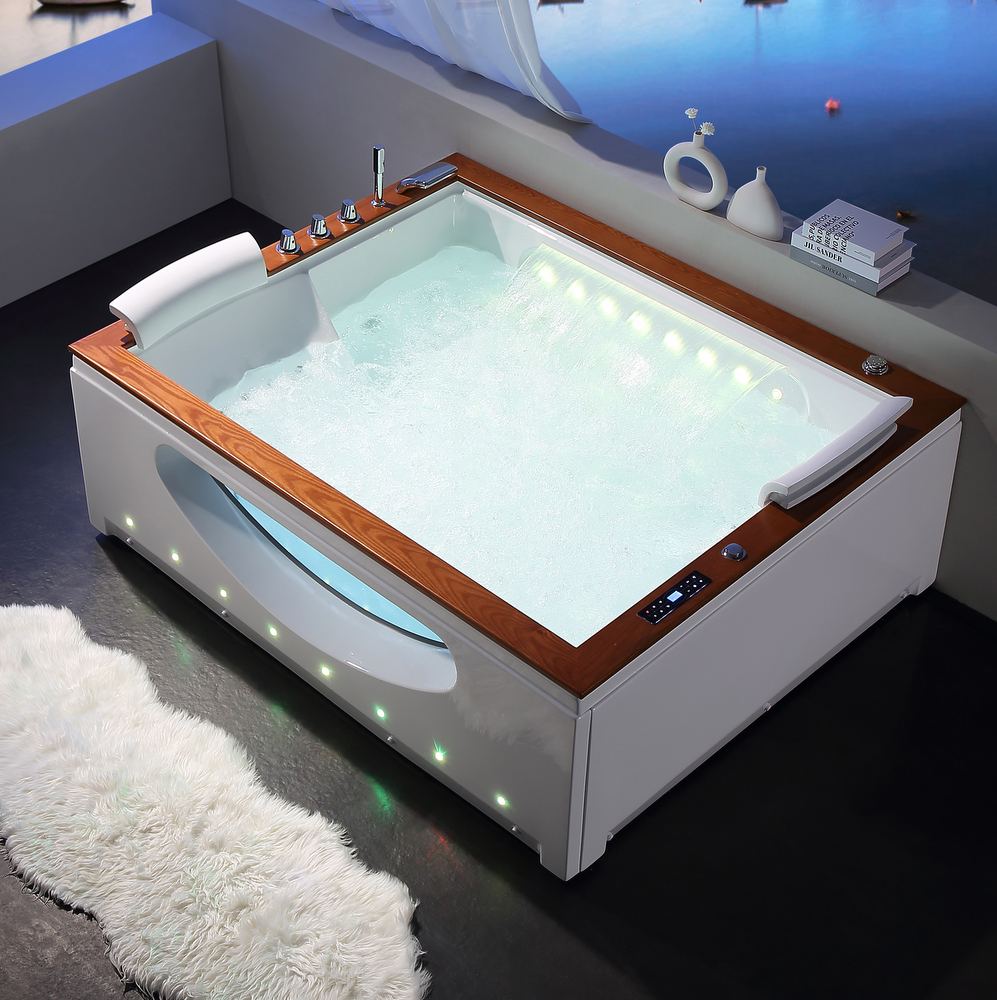 Vasca idromassaggio 180x150 cm con top in legno e oblò in vetro, 50 getti, cromoterapia e bluetooth VS176
