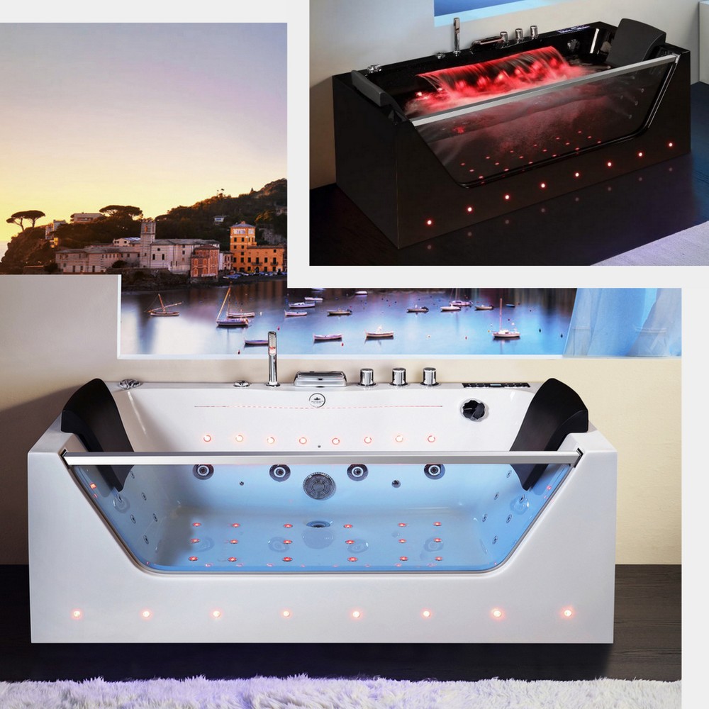 Vasca idromassaggio 170x80 cm bianca o nera con cascata intagliata Led, 36 getti ad aria e acqua, riscaldatore e bluetooth VS179