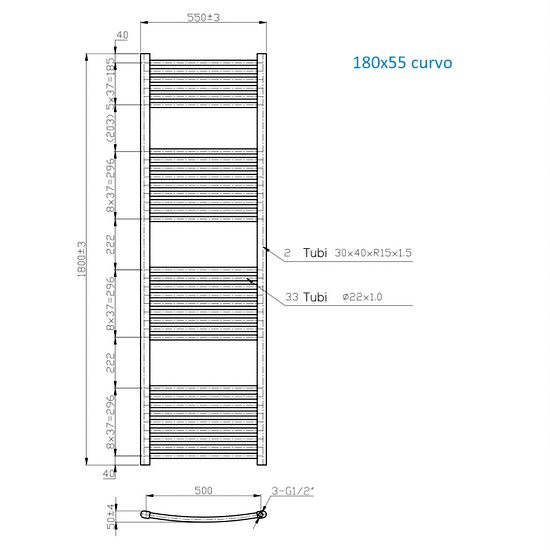 Termoarredo tubolare altezza 150 o 180 cm lineare o curvo in acciaio bianco  o cromato