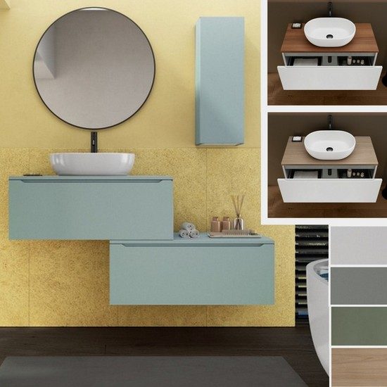Base per lavabi da appoggio Slam da 90x46 cm con cassettone mobile in 7  colori specchio incluso e cassettiera laterale abbinabile