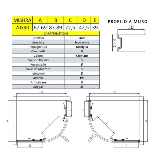 Box doccia 70x90 o 80x100 cm semicircolare reversibile vetro trasparente  6mm con anticalcare porte scorrevoli BOX085