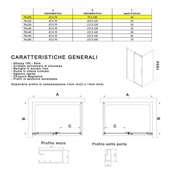 Cabina Doccia angolare cristallo fumè 8mm con trattamento anticalcare porta  scorrevole in diverse misure B73