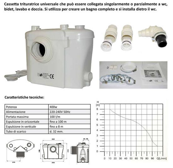 Pompa trituratrice per wc da 400 W con 3 allacci silenzioso e anti-odore