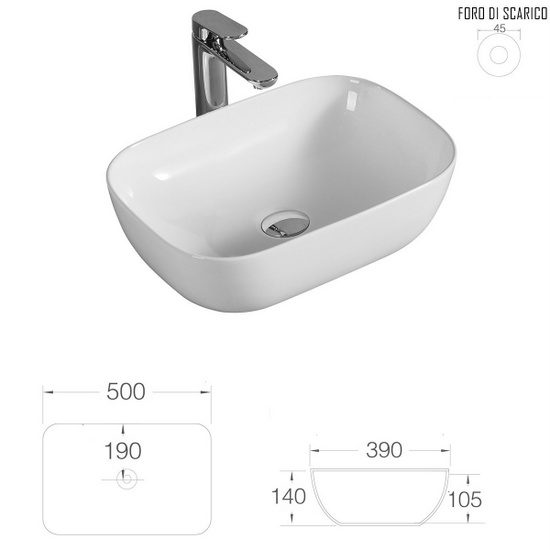 Lavabo d'appoggio rettangolare con angoli arrotondati disponibile in 2  misure colore bianco lucido LAV69