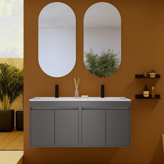 Mobile bagno sfalsato con lavabo, 2 cassetti, finitura Olmo