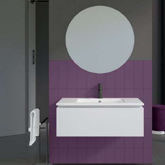 Mobile bagno Icaro cm 85 sospeso rovere chiaro o grigio chiaro bianco lavabo  in ceramica con specchio