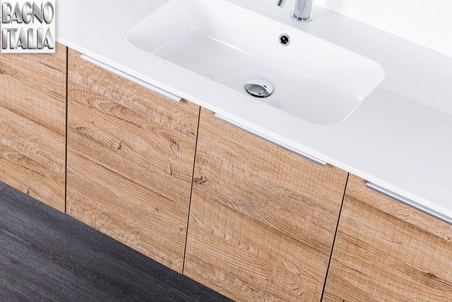Mobile bagno moderno Wood 140 cm sospeso in legno lavabo mineralmarmo  disponibile in 2 versioni