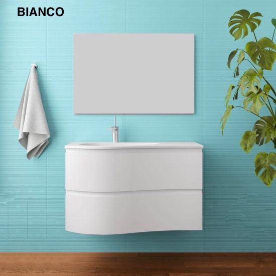 Mobile bagno ATHENA sospeso da 90cm asimmetrico. Disponibile in 4  colorazioni. Lavabo e specchio incluso