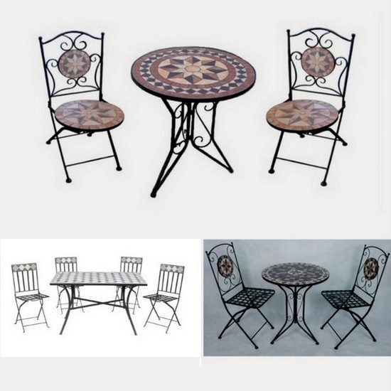 Arredo per esterno Jody tavolo con mosaico sedie in ferro battuto  pieghevoli per giardino